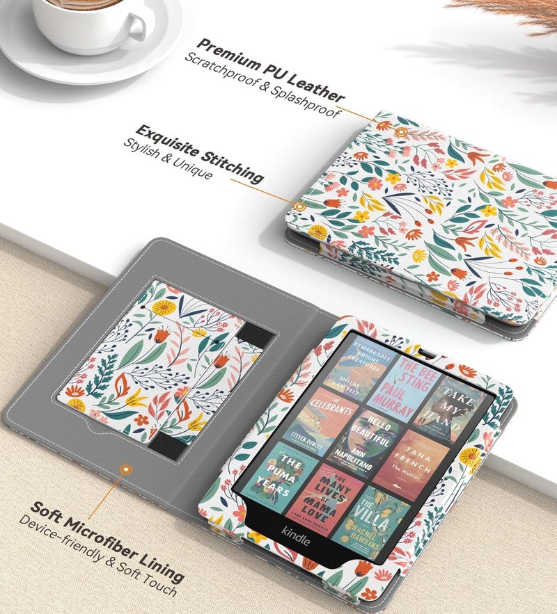 MoKo Magnetic Case for 7"/6.8" Kindle Paperwhite Signature Edition(12th/11th Gen-2024/2022) and Kindle Colorsoft-Compatible with iPhone Magsafe for Samsung/Anker Wireless Charging Pads, Flowers - Image 4